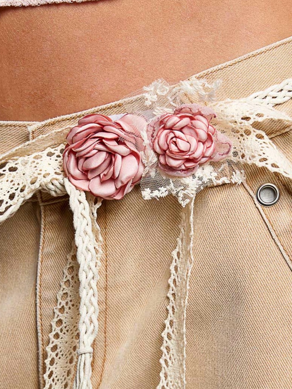 POL Cream Lace Braided Belt with Pink Floral Accents - Picture 3 of 5